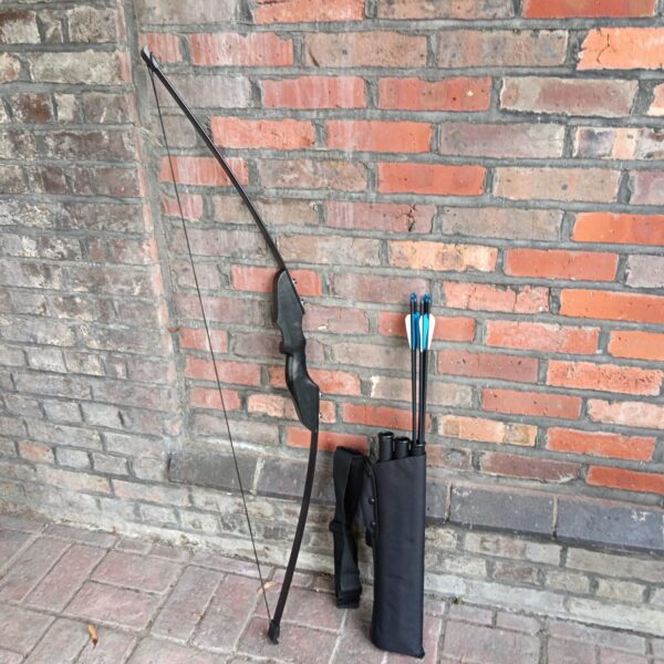 Black recurve bow set with arrows and carrying case.