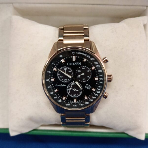 Gold Citizen Eco Drive gents watch with chronograph dial.