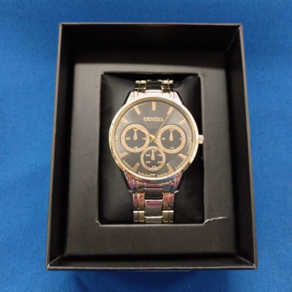 Gold-tone Geneva gents watch with analogue display.