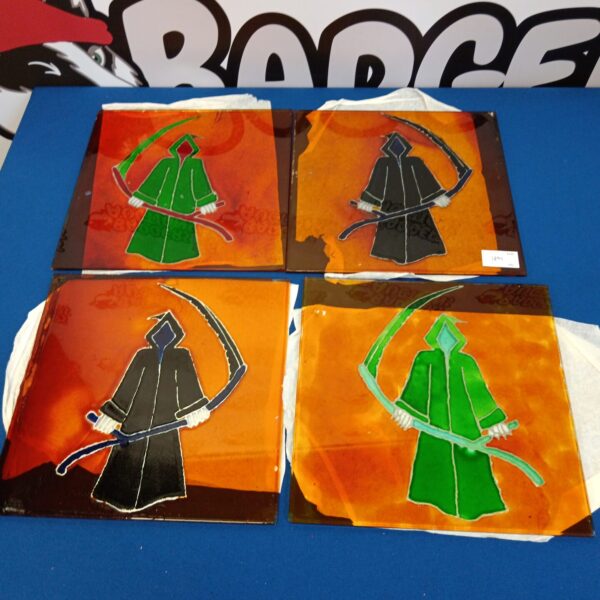 Stained glass Grim Reaper panel with dark gothic aesthetic.