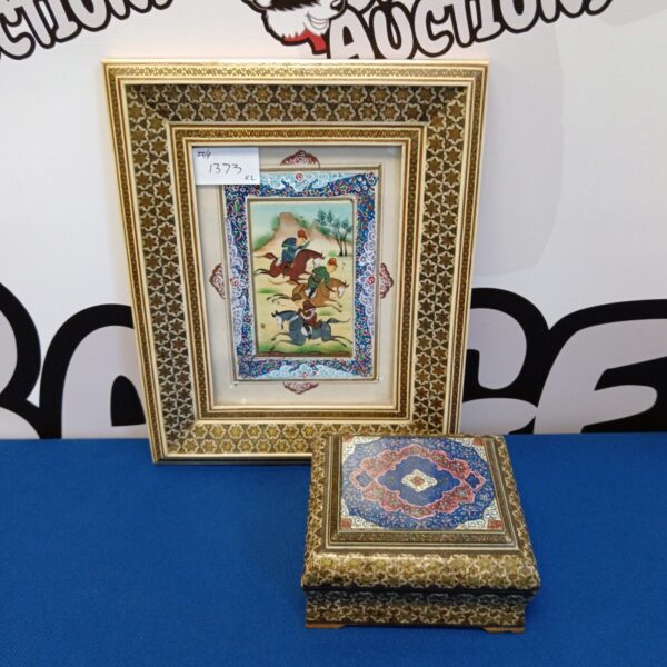 Antique Indian trinket box with detailed hunt scene painting.