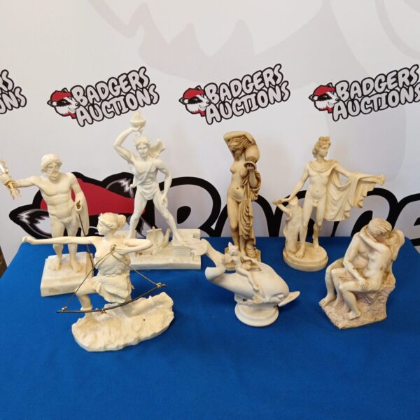 Detailed alabaster statue collection featuring mythological and geek figures.