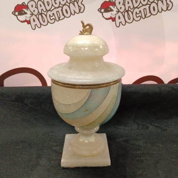 Vintage alabaster lidded urn with swirling marble effect.