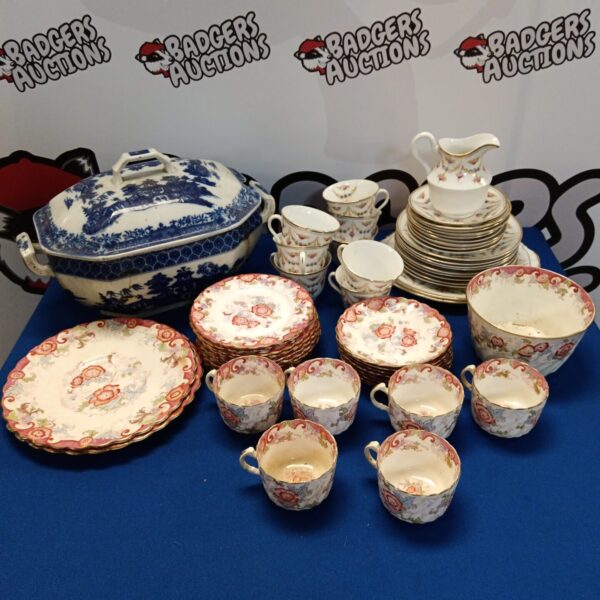 Vintage mixed china teaset and tray collection.
