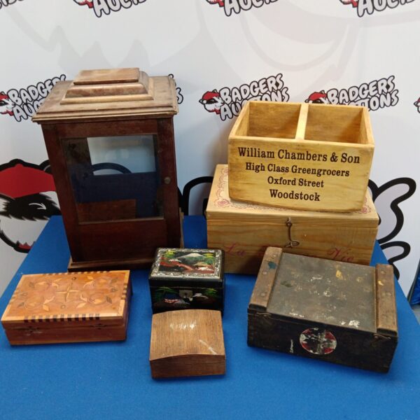 Lot of vintage wooden boxes for collectors and home decor.