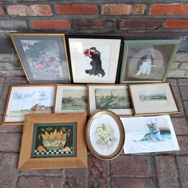 Lot of assorted framed prints including animal studies and landscapes.