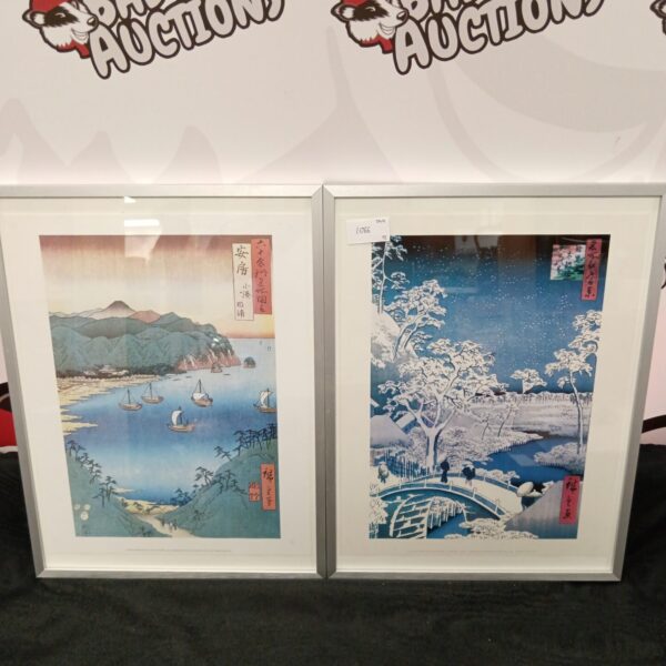 Vintage Utagawa Hiroshige Japanese prints depicting a serene landscape scene.