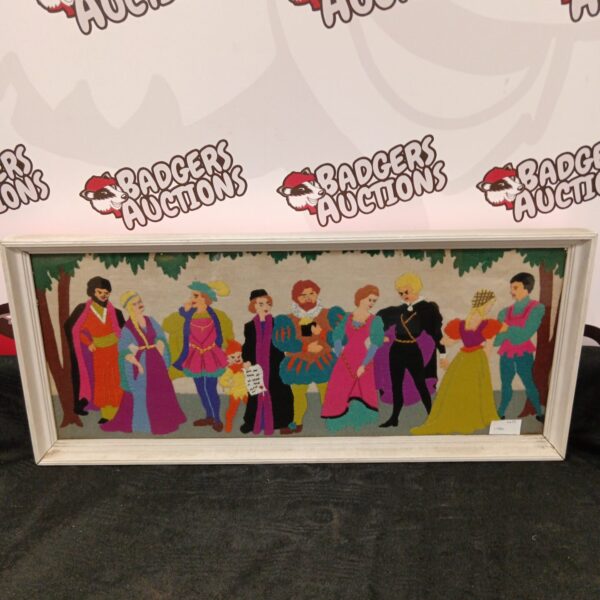 Vintage medieval felt artwork depicting a colourful historical scene.