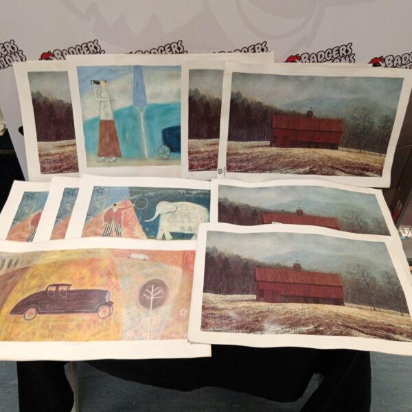 Lot of modern school circle artworks with abstract designs.