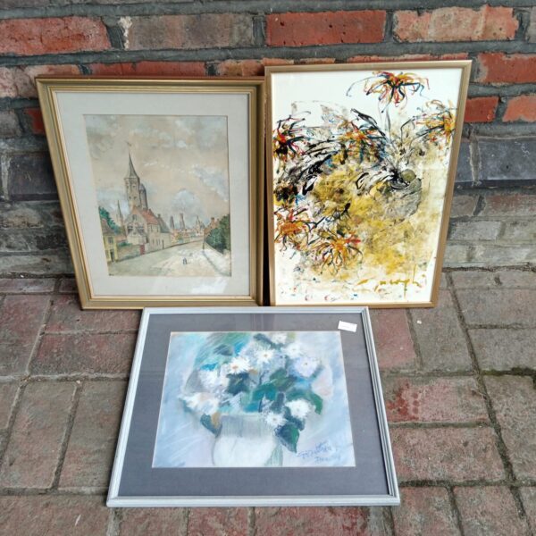 Vintage framed watercolour painting of a European church landscape.
