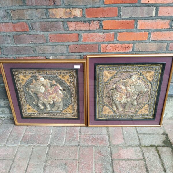 Framed silk elephant embroidery, vintage Asian art wall decor.