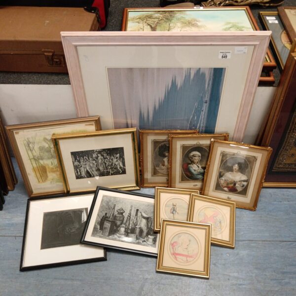 Collection of antique framed prints and artwork for wall decor.