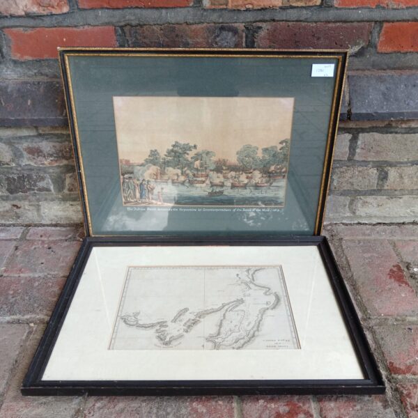 Antique lot featuring map of Captain Cook’s River and Battle of the Nile engraving.