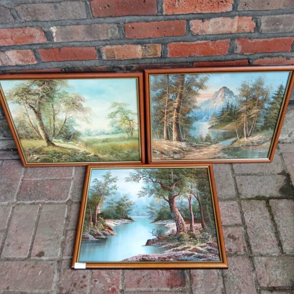 Framed woodland river oil painting landscape art.