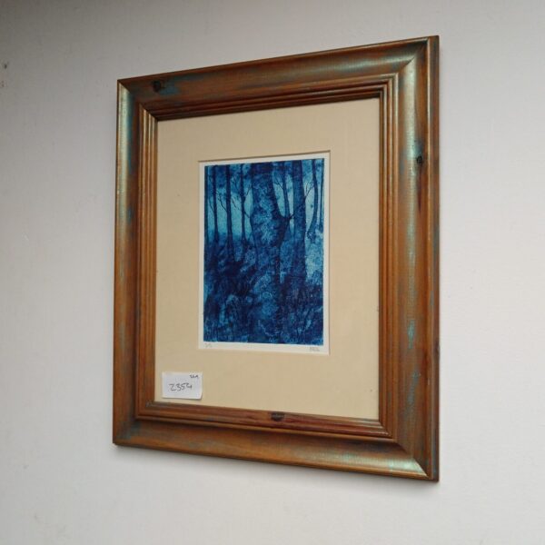 Framed limited edition Anthony Fell landscape print in blue tones.