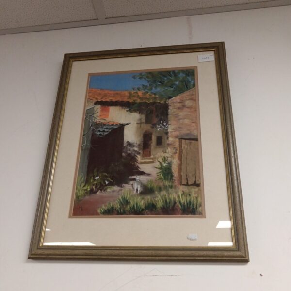 Original pastel painting of a street scene with a cat.