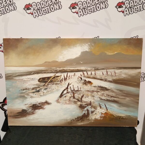 Original A Gazley oil painting of a tranquil shoreline landscape.