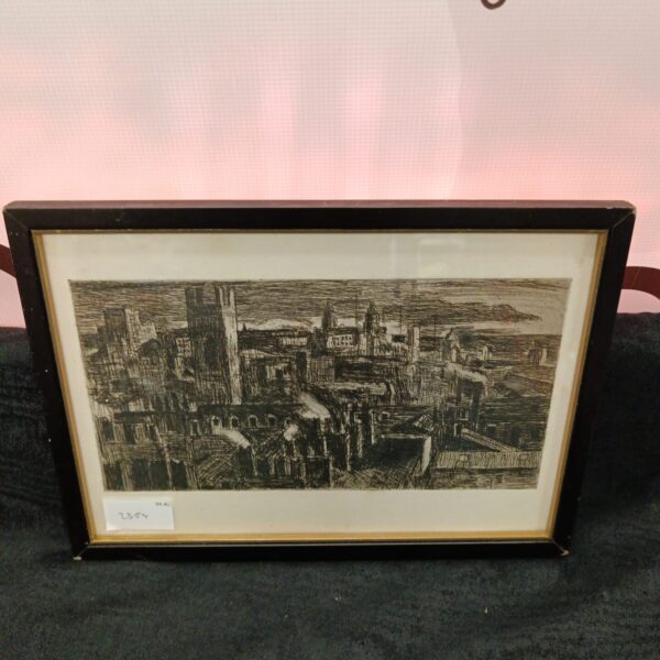 Vintage Peter Crabtree engraving of the Liverpool skyline cityscape.