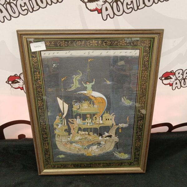 Antique Indian silk painting of Noah's Ark with detailed embroidery.