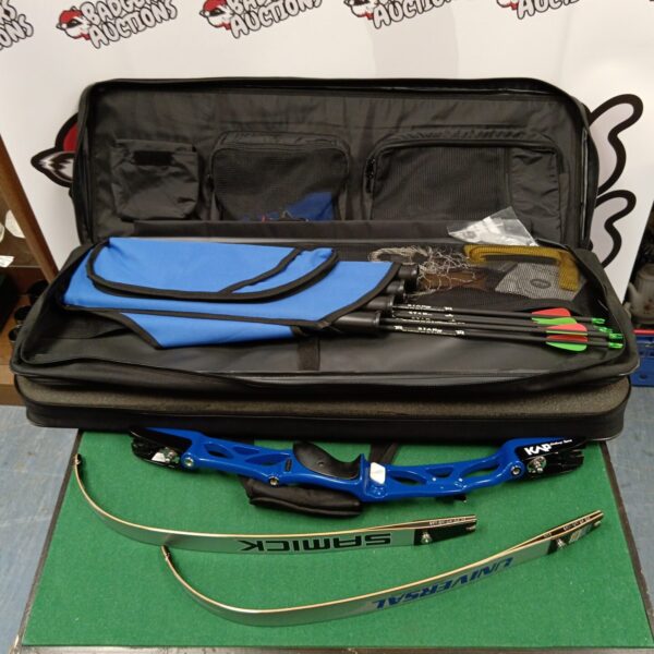 Left-hand compound bow and arrow set in a carrying case.