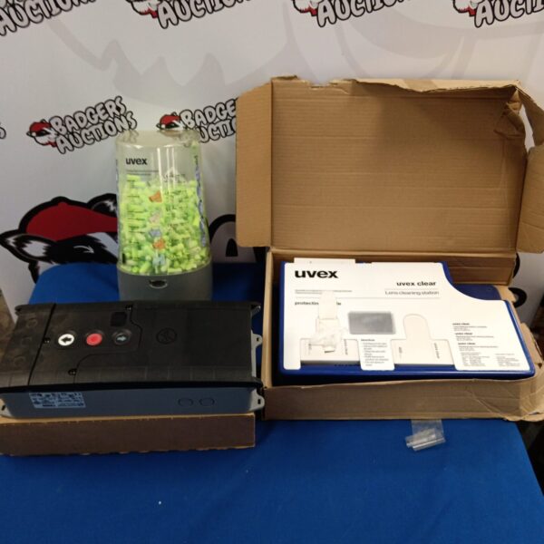 Uvex dispenser station with earplug and lens cleaning supplies.