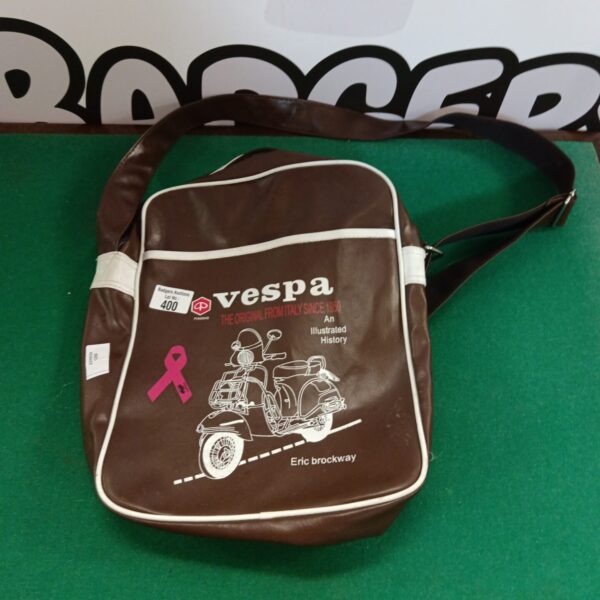 Vintage brown Vespa shoulder bag with scooter design.