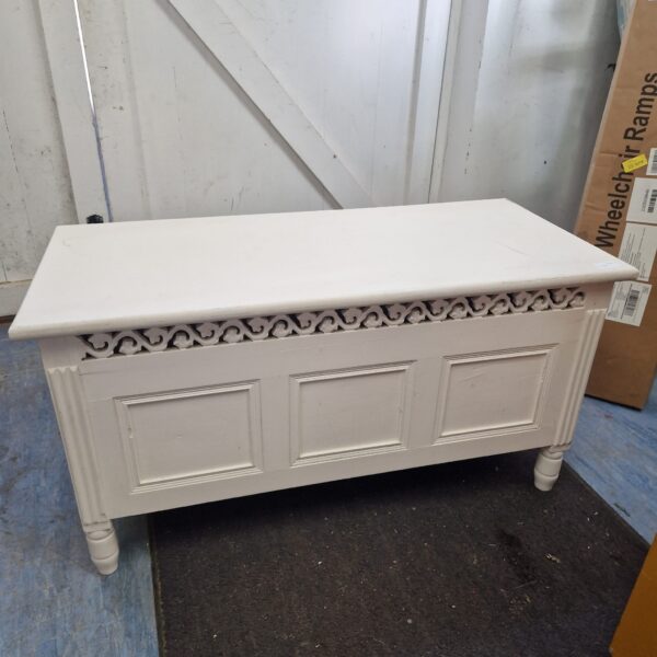 White painted linen box for storage, vintage farmhouse style.