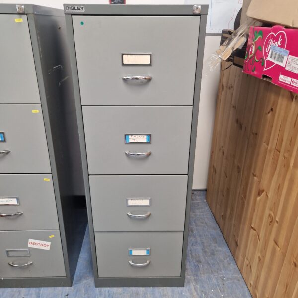 Front view of a grey Bisley four-drawer metal filing cabinet.