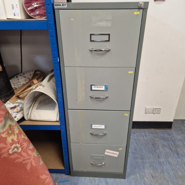 Grey Bisley metal filing cabinet with four drawers for office storage.