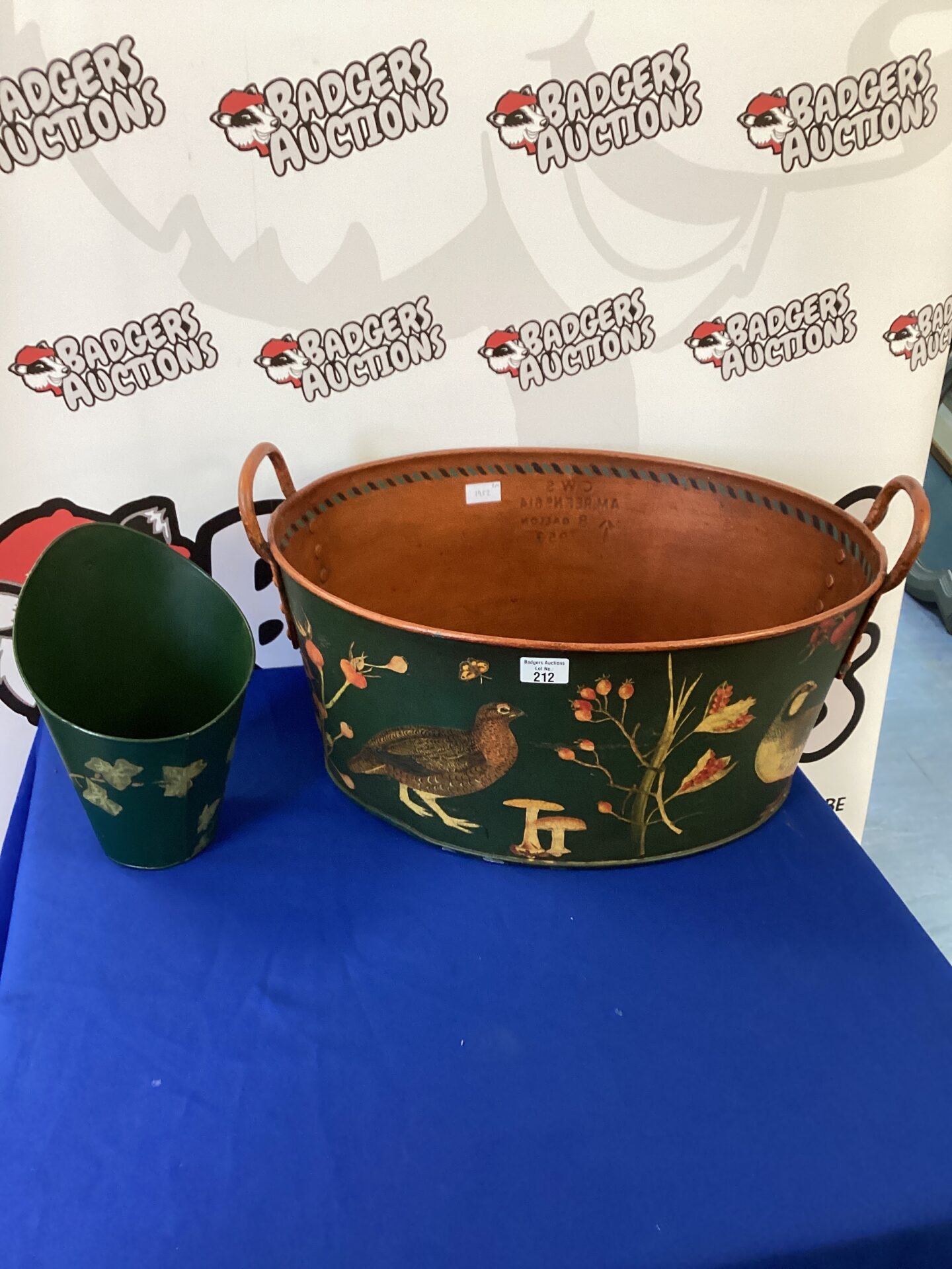 212 Local artist decoupage galvanised wash basin & & wall planter