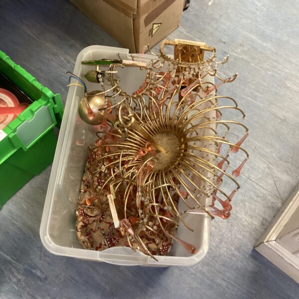 Vintage brass wall and ceiling light set with branching arms.