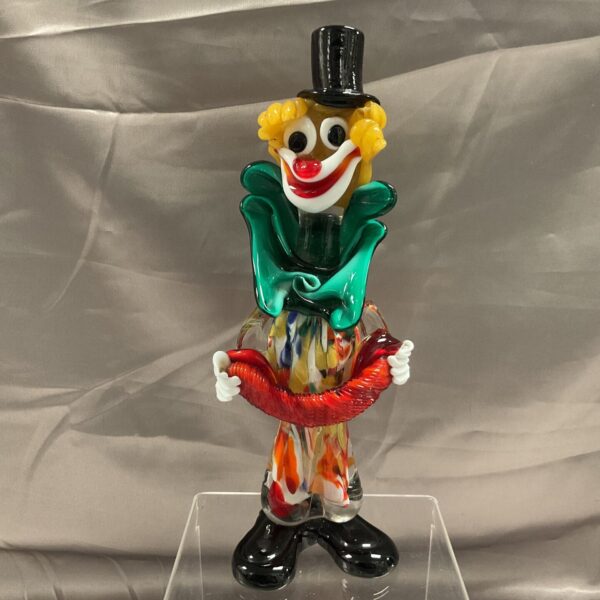 Vibrant 10” Murano glass clown musician figurine.