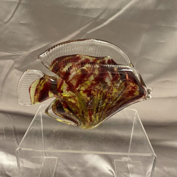 Vibrant vintage Murano glass fish sculpture with amber and ruby tones.