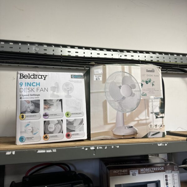 Beldray desk fan in box, ready for assembly.