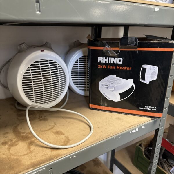 Compact Rhino desktop fan heater for office or personal use.