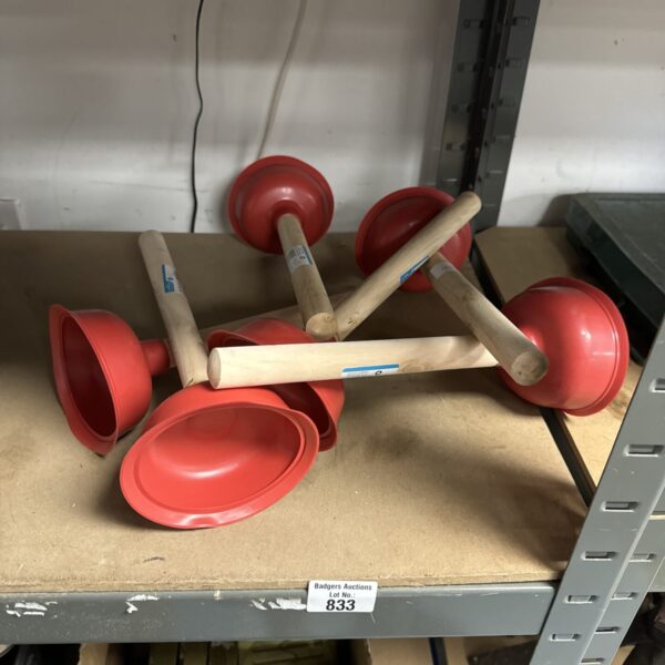 Lot of six new red plungers with wooden handles.