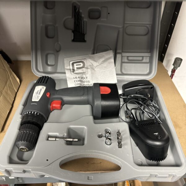 Pro Performance cordless drill in open case with battery and charger.