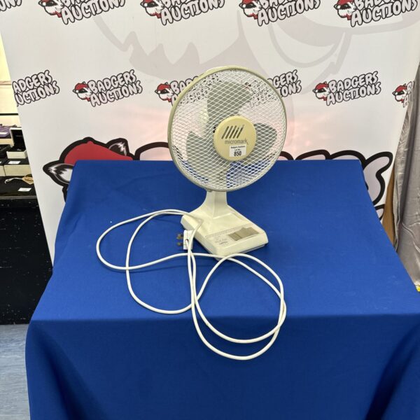 Vintage Micromark 9 inch desk fan for tabletop cooling.