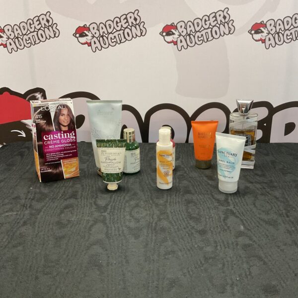 Assorted beauty products including hair dye and lotions.