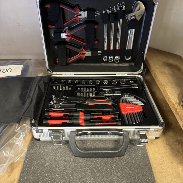 Open Halfords tool kit showing the tools inside the aluminium case.