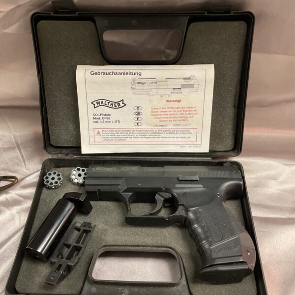 Walther CP99 CO2 pistol with silencer and two magazines for sale.