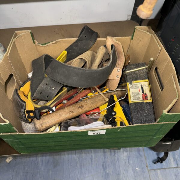Mixed tool lot with tool belt, wrench and post driver.