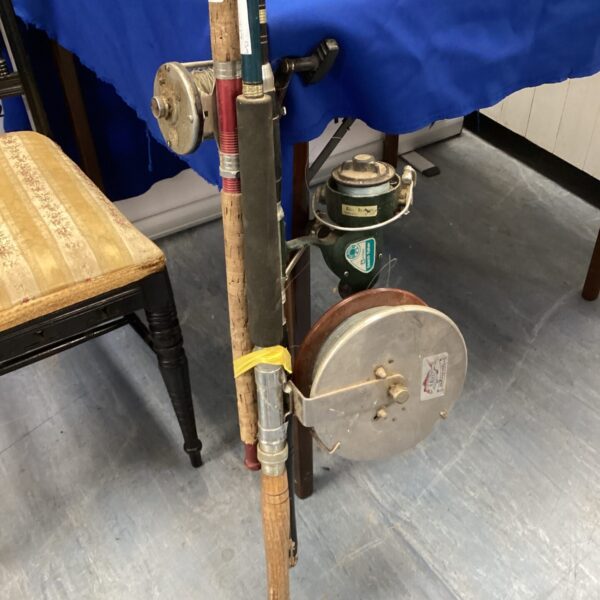 Vintage sea fishing rods with reels, including an Alvey Snapper.