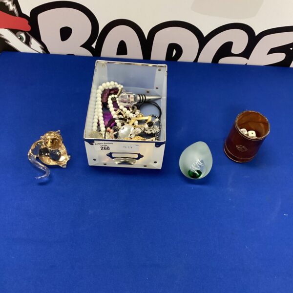 Mixed lot of vintage collectibles with glass cat paperweight.