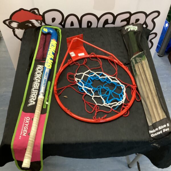 Sports equipment bundle including hockey stick, basketball net and cricket bat.