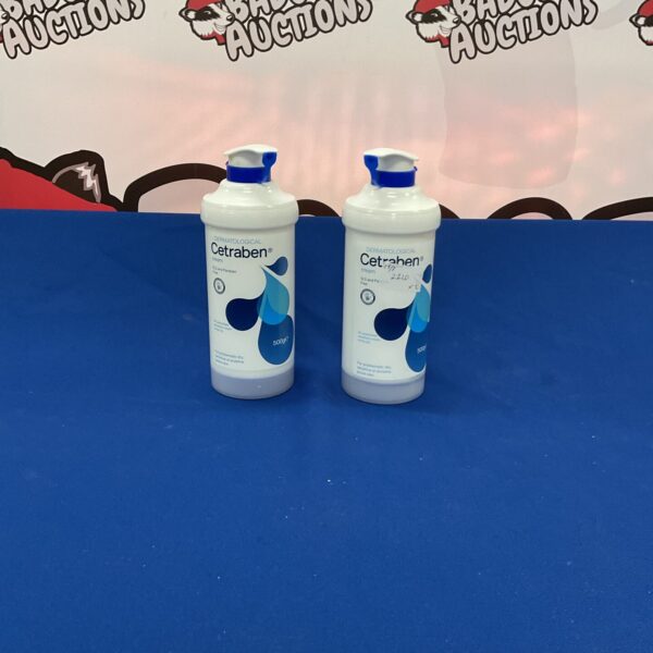 Two bottles of Cetraben dermatological lotion for sensitive skin.