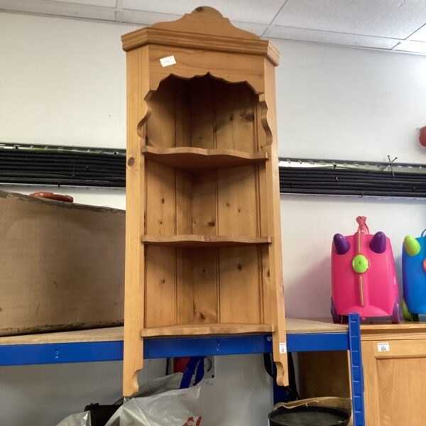 Vintage pine corner display unit with three shelves.
