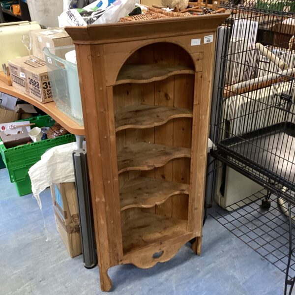Antique pine corner cabinet with a single door, vintage farmhouse style.