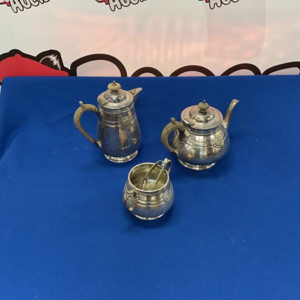 Antique Fenton Sheffield pewter tea set with coffee pot and sugar bowl.