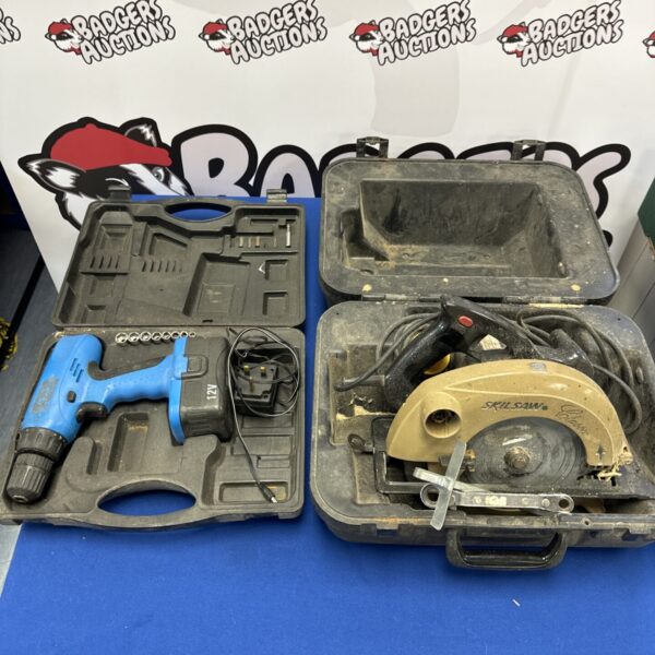 Vintage Skilsaw circular saw and cordless drill set for restoration.